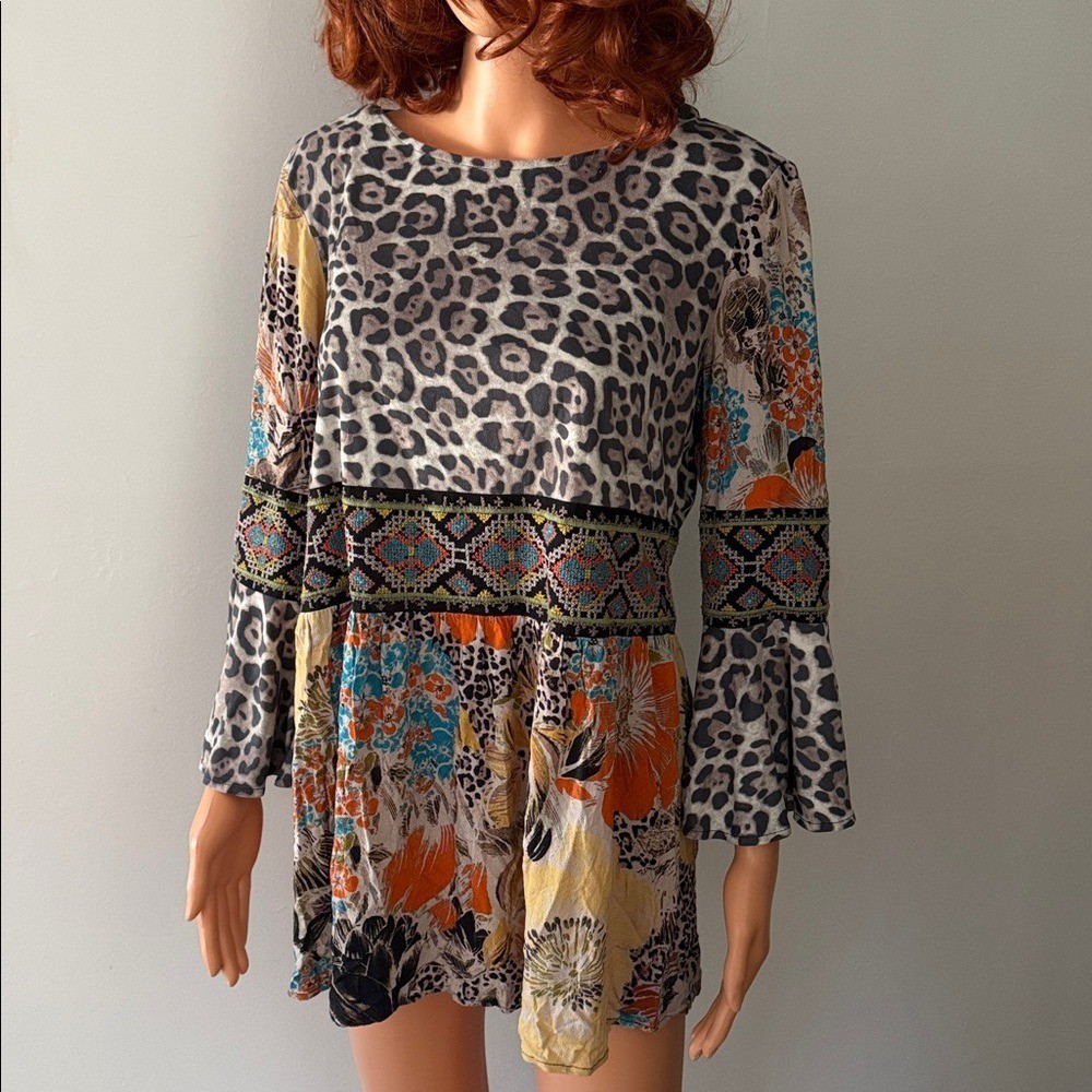 Y2K Sharon Young Leopard Peasant Fairy Floral Top Tunic Boho Vintage Boho M