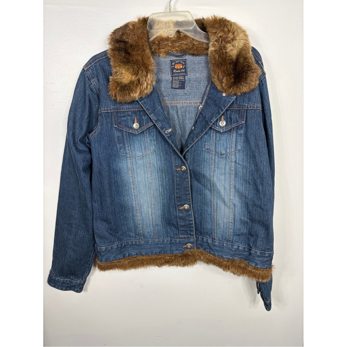 Vintage Route 66 Denim Jacket Faux Fur Collar Hem Y2K Trucker Jean Coat XL