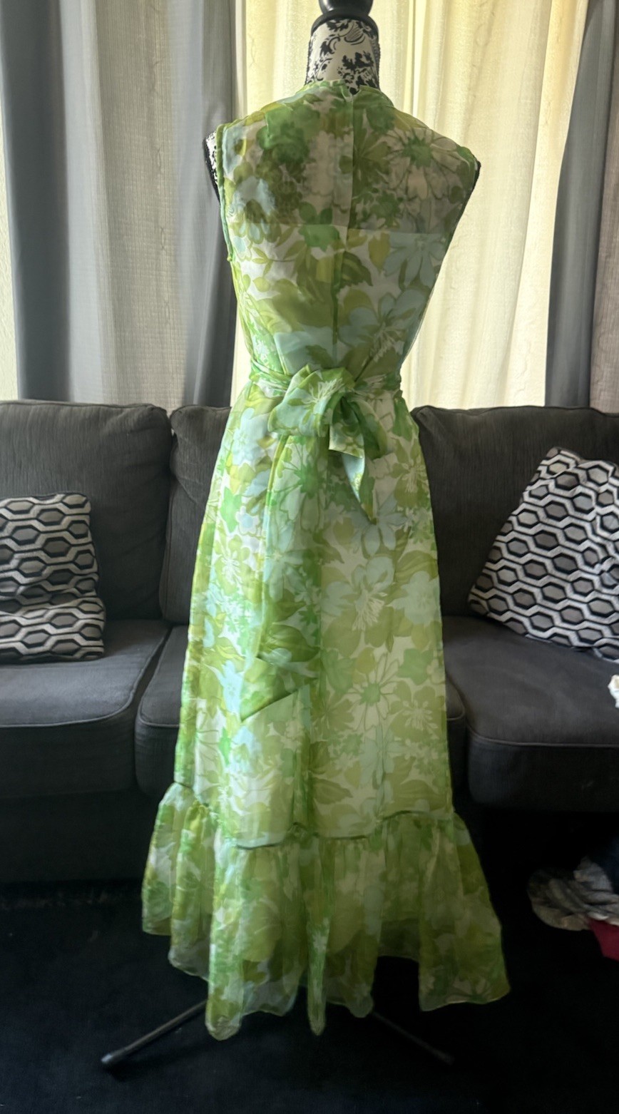 Vintage 70s ADDE California Green Floral dress & Shaw sleeveless
