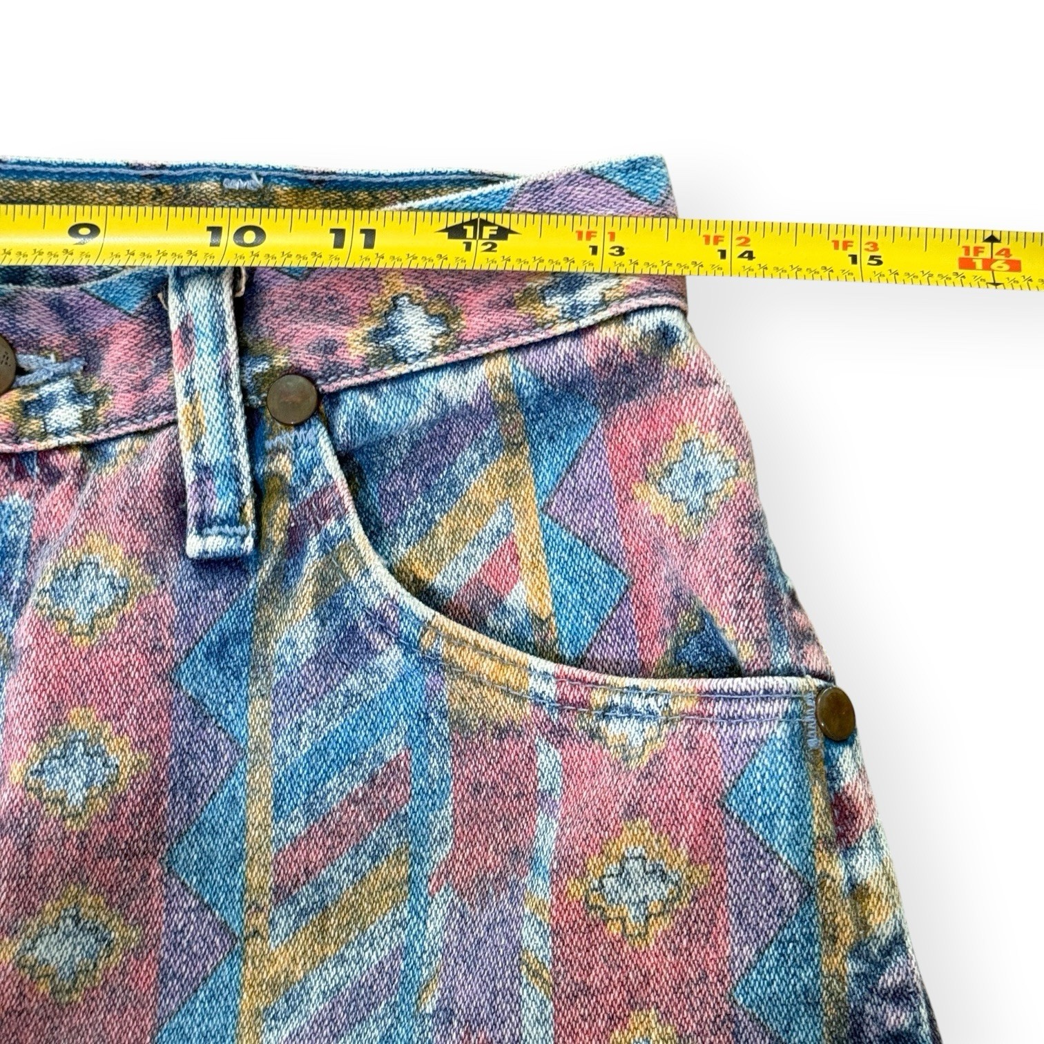 Vintage 80s Wrangler Aztec Print Jeans 14MWTZR Size 11 27×32 Made USA High Rise