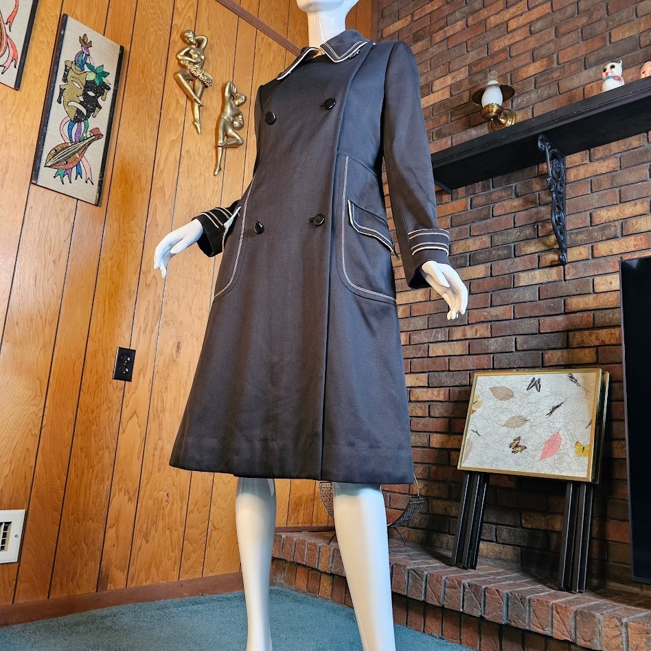 Vtg 60s Mod Youthquake Topstitch Black & White Trench Winter Quilted Rain Coat M
