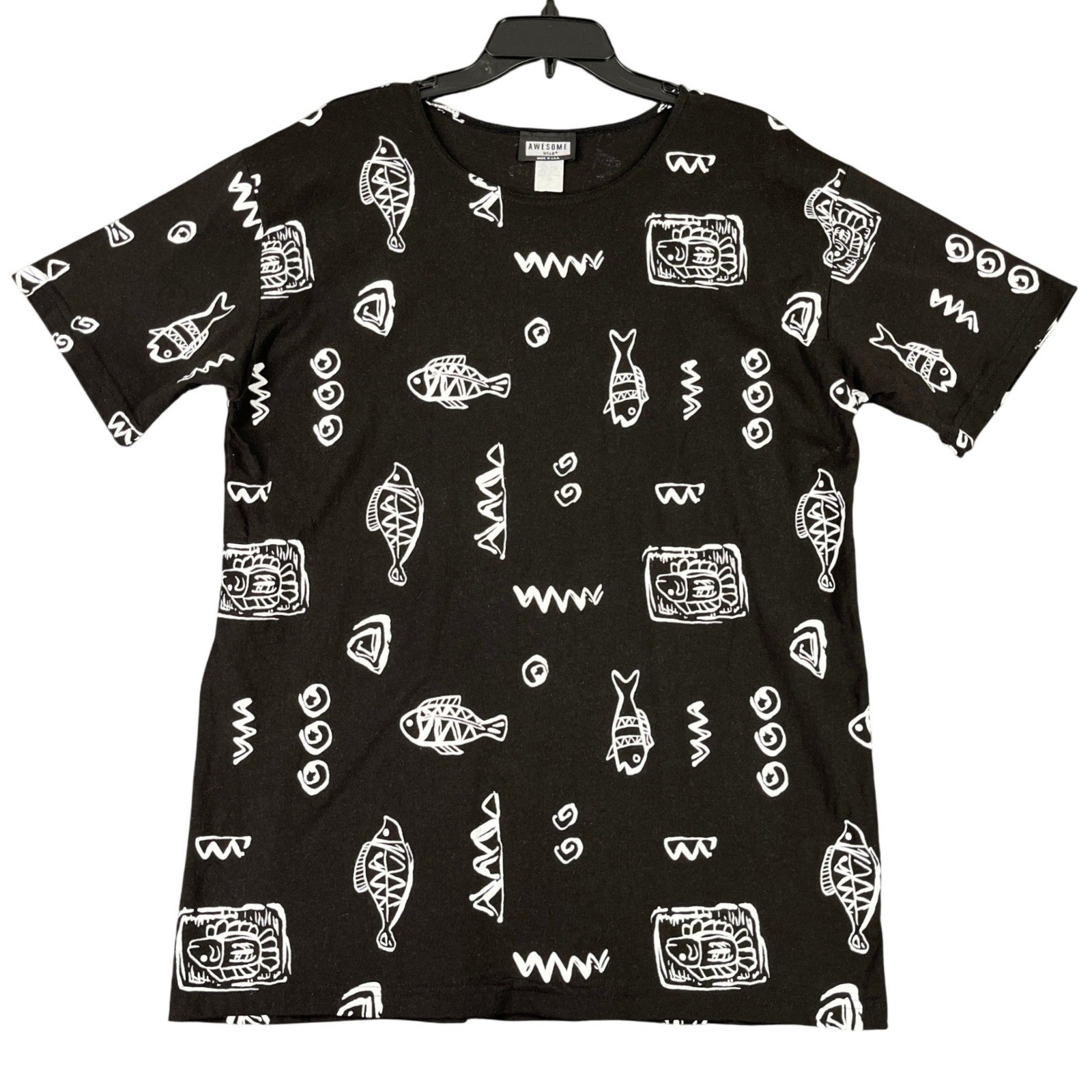 Awesome Wear Vintage 90s All Over Print Fish Graphic Tee Women 1X USA made