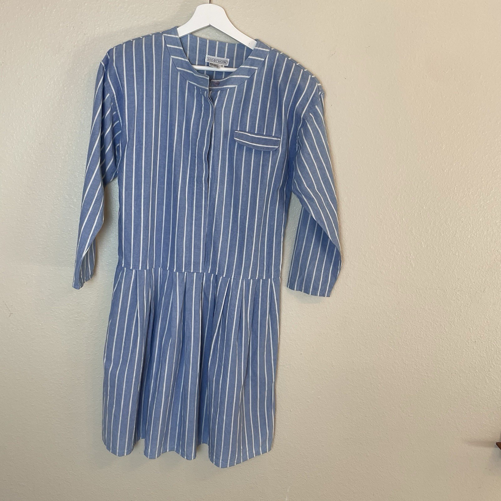 Vintage 80’s Horchow Blue/ White Stripe Pleated Drop Waist Dress Pockets Sz 10