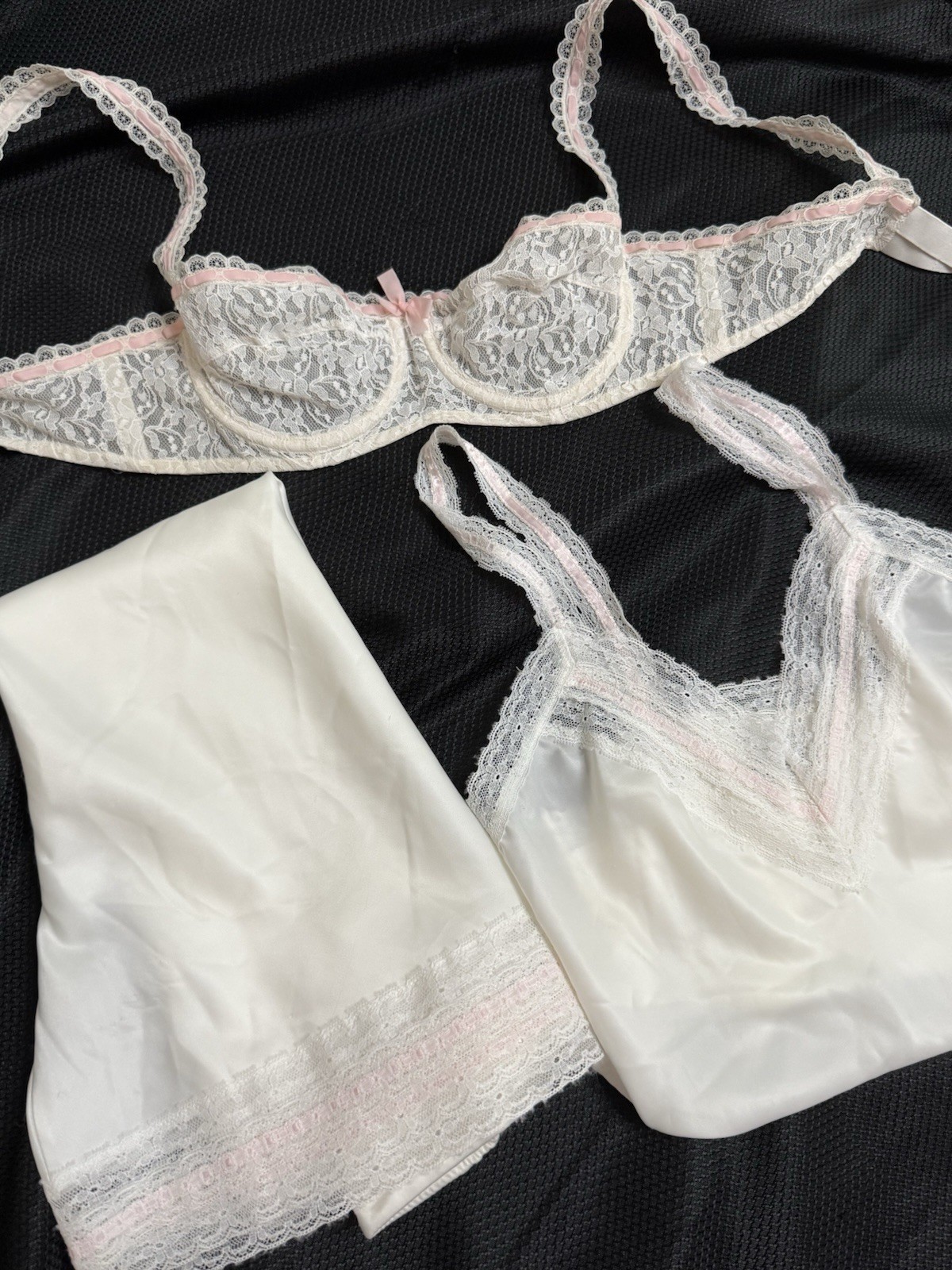 Vtg Olga Half Slip Camisole Cami Top Set Secret Hug Lace Band Pink White S 32 34