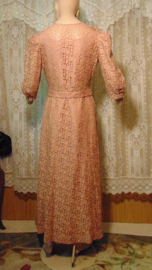 VTG 30s Peach Alencon Lace Puff Sleeve Dress & Matching Taffeta Slip 32W