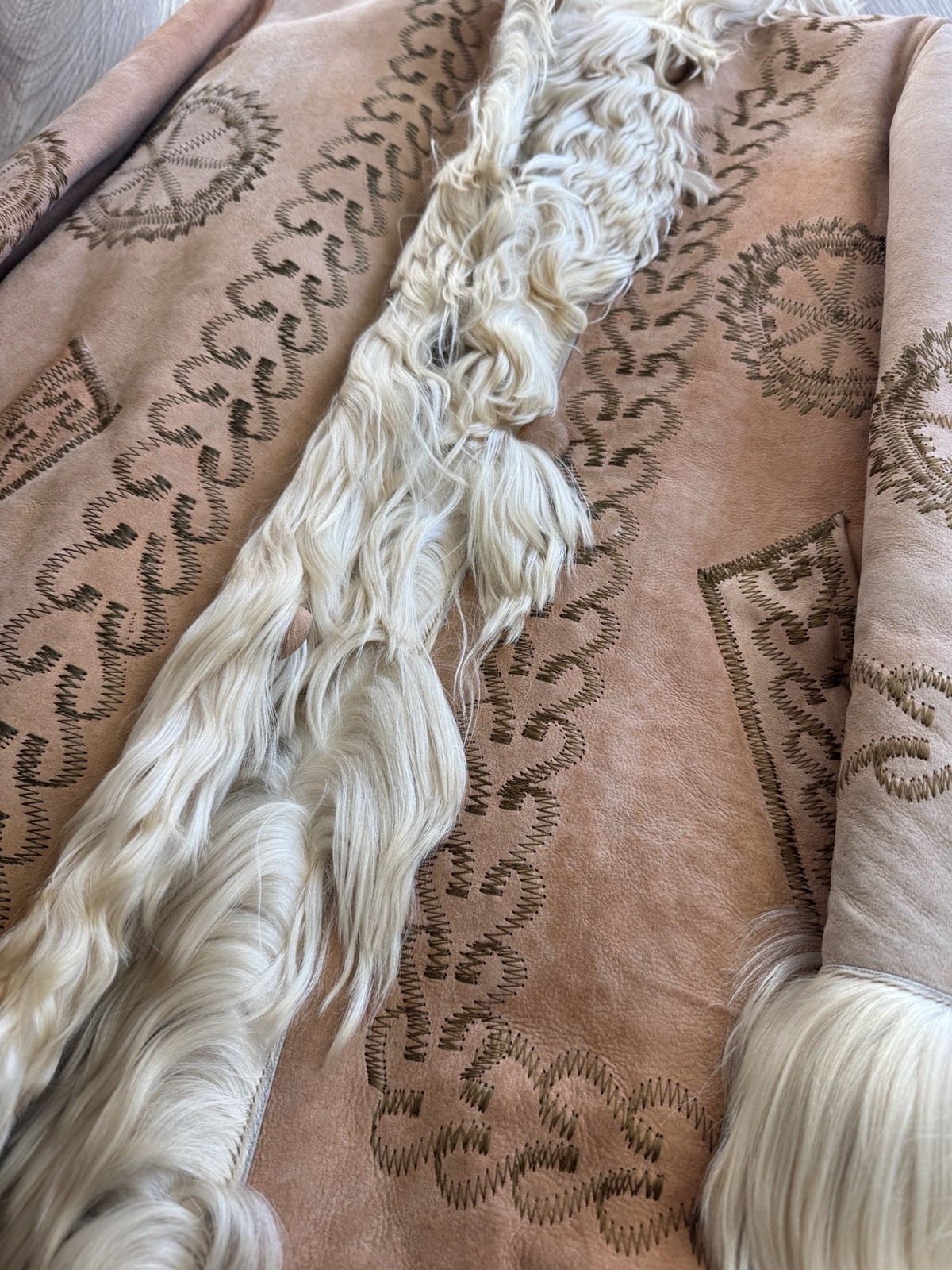 Vintage 1970s Shearling Suede Embroidered Afghan Coat Beige Cream