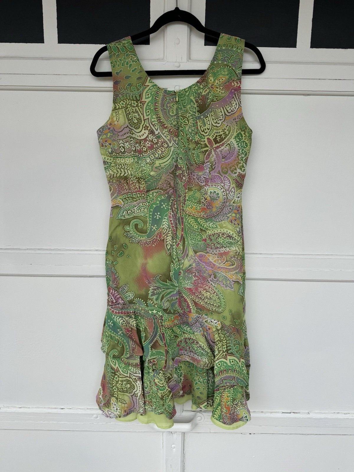 VTG Althuser Dress Viscose Green Pink Ruffled Bottom Batik Zipper Lined Sz 12