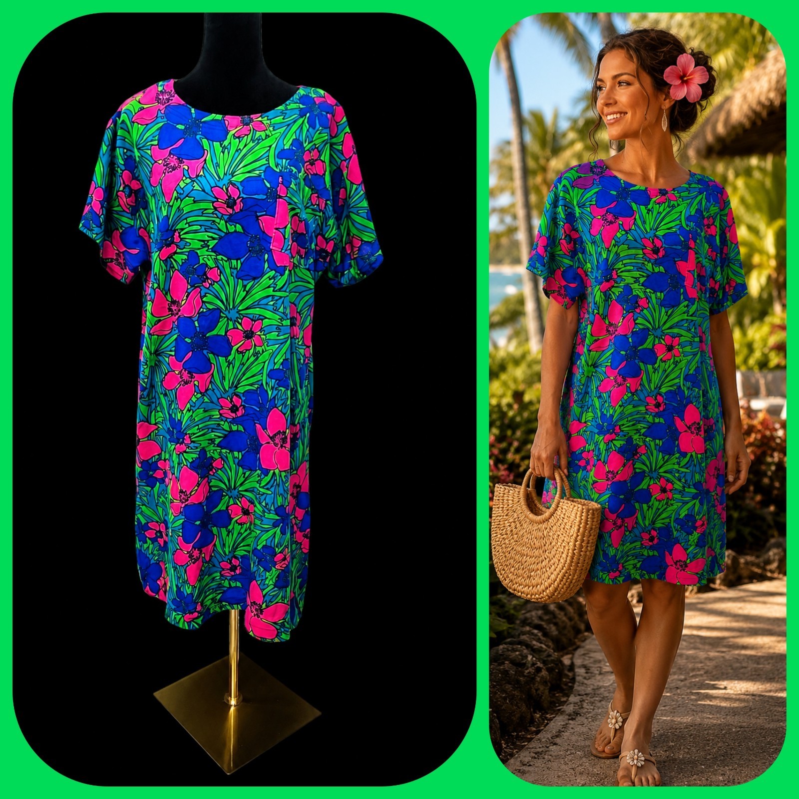 Vintage 60s 70s Psychedelic Mod Floral Dress Neon Pink Blue Green Shift VTG