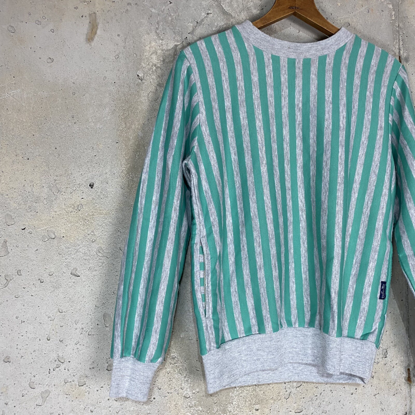 Vintage 80s dolfin corp blue green aqua gray striped crewneck sweatshirt med