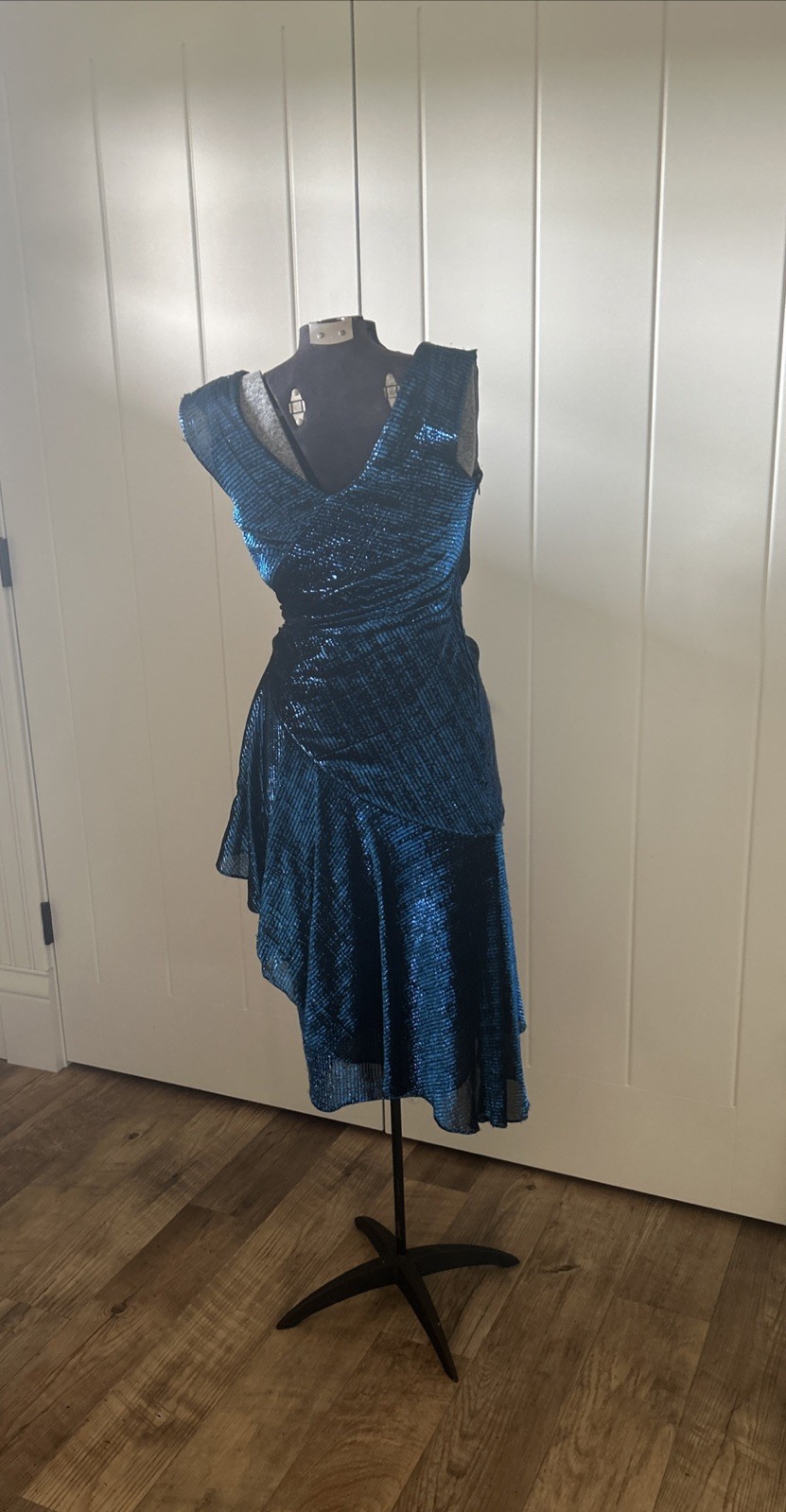 Vintage 1980’s New Leaf Blue Metallic Lame Fabric Asymmetrical Dress Size 5/6