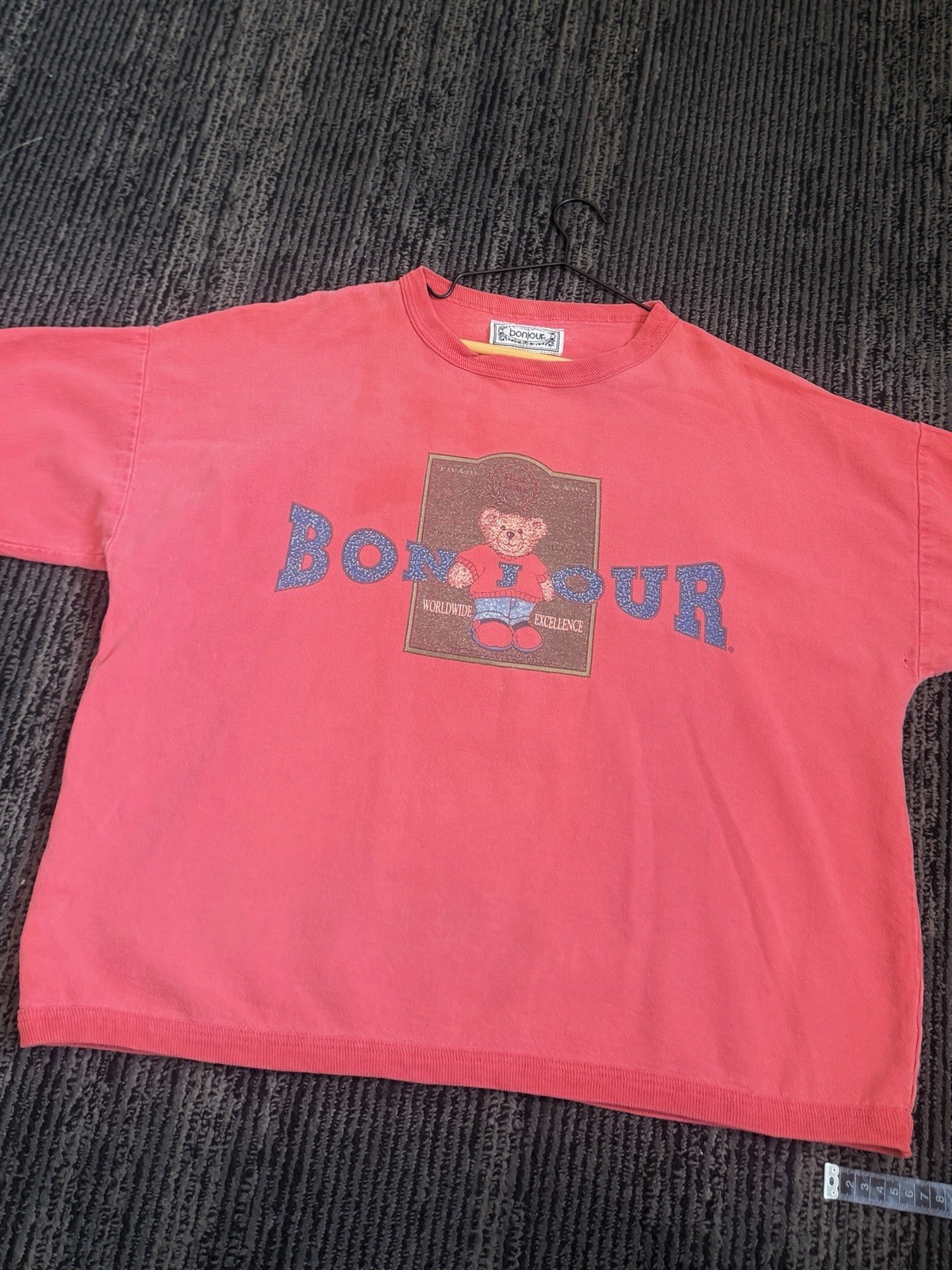 Vintage Bonjour Teddy Bear Graphic T-Shirt Pink Oversized 100% Cotton One Size