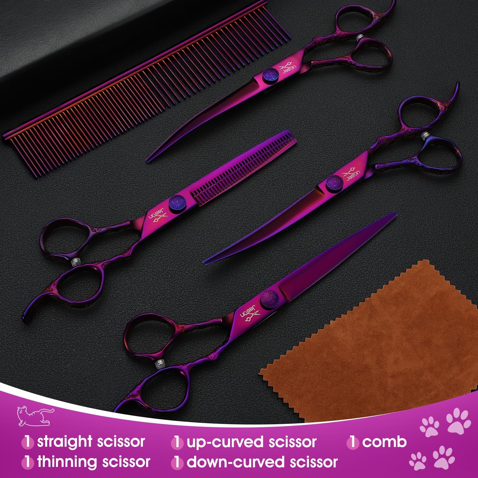 JASON Dog Grooming Scissors Set – Pro 6 in 1 Dog Shears Kit – 6.5″ Thinning