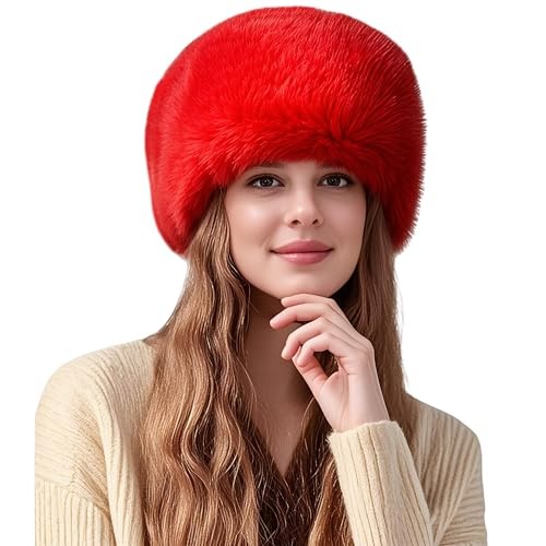 Lina & Lily Women’s Winter Cossack Hat Russian Style Long Pile Faux Fur Red
