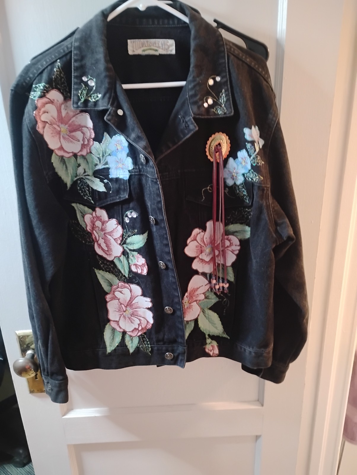 Vintage 80s Todays News Black Denim Jacket Embroidered Floral Rhinestone Concho