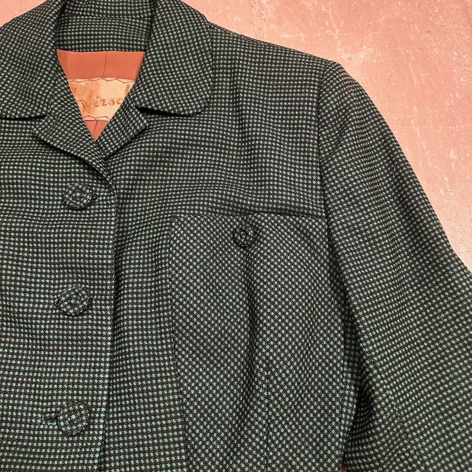 Vintage 1940s Green Woman’s Jacket S/M Hirsch Chicago Pockets Fitted Padded Cute