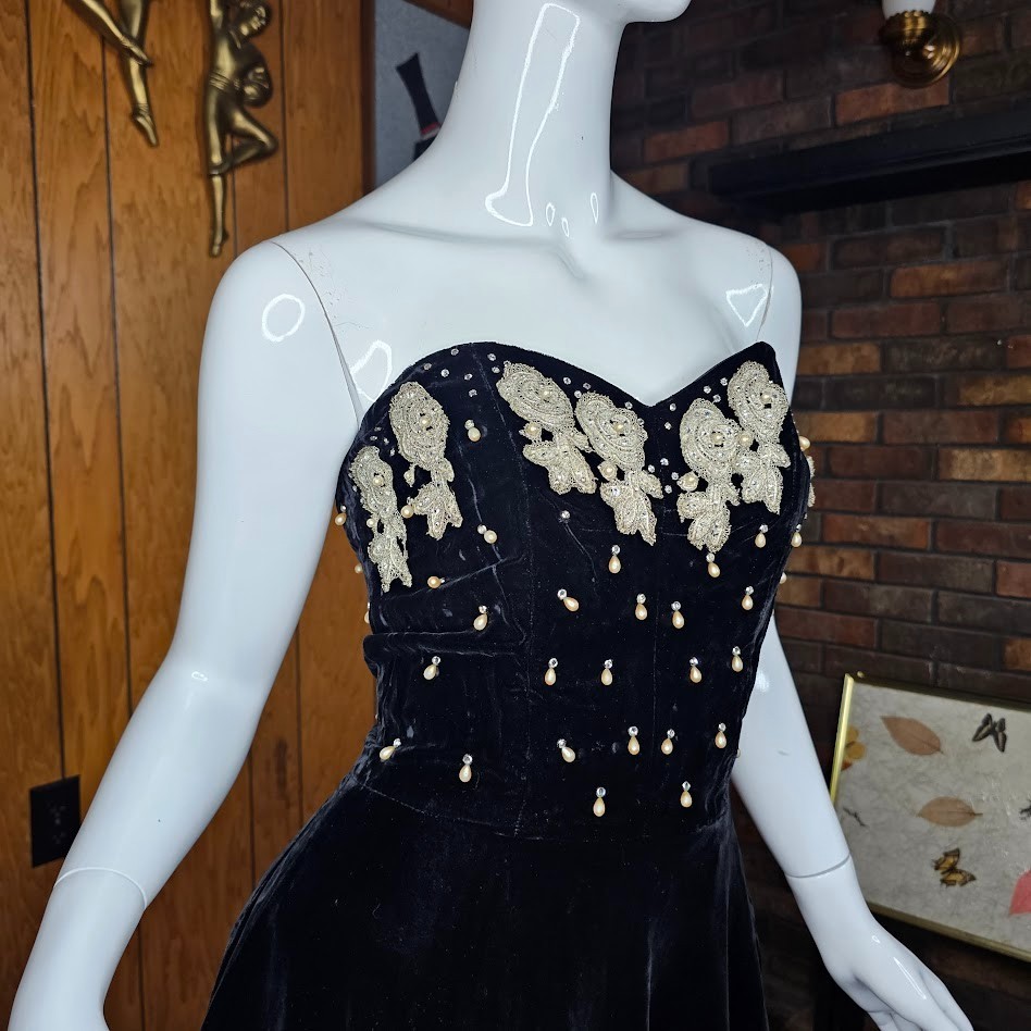 Vtg 40s New Look Pearl Drops Beaded Velvet Evening Formal Party Full Dress XS/S