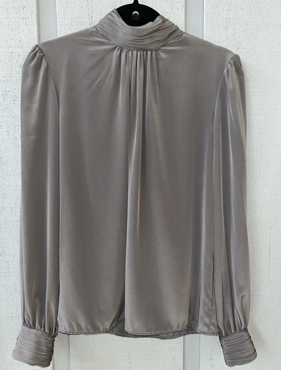 Anne Kriste Vintage High Neck Puff Sleeve Blouse Gray Satin Modest Dark Academia