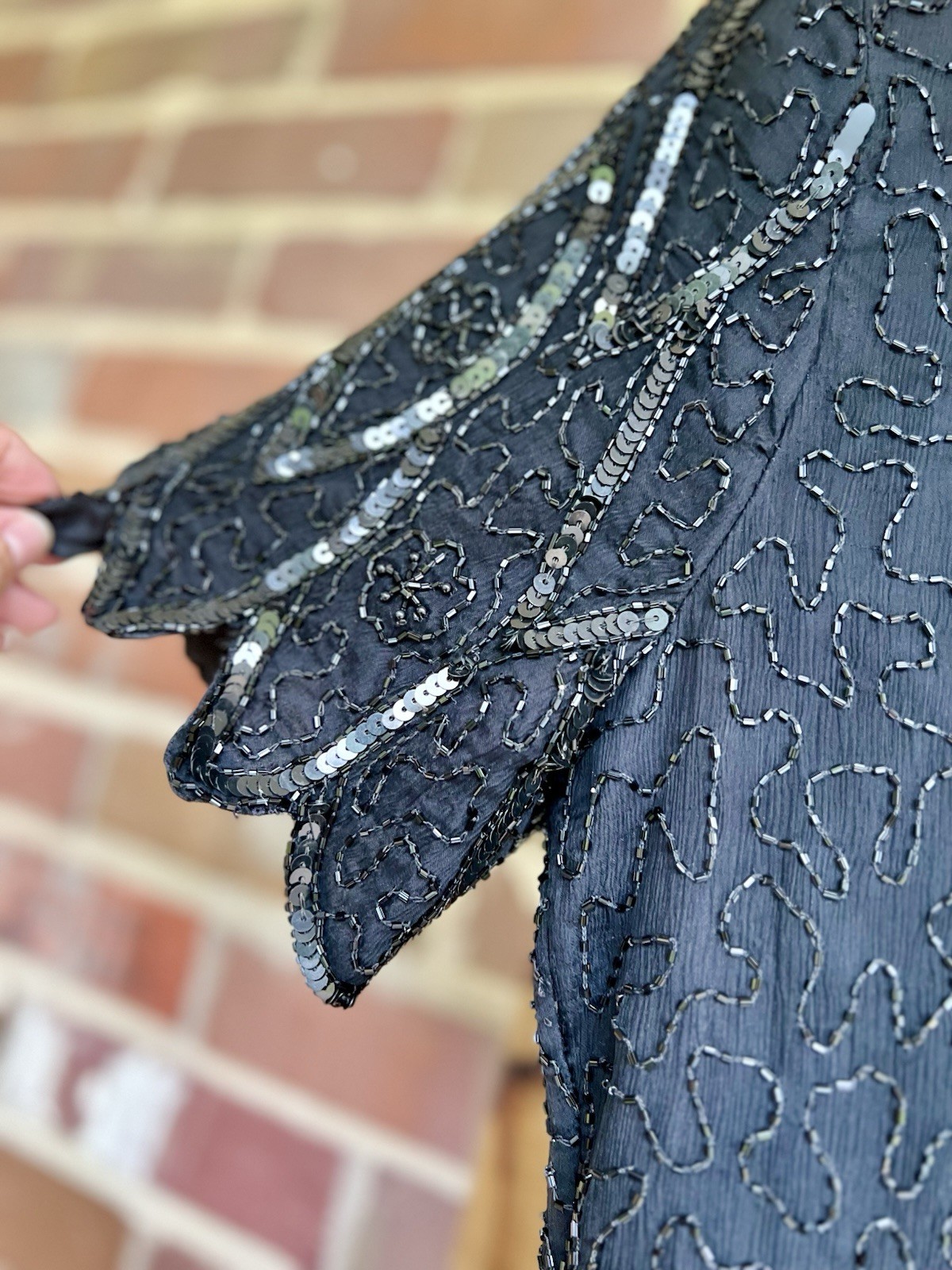 VTG Stenay Silk Beaded Cocktail Dress Size 14 Black Sequin Short Sleeve Retro