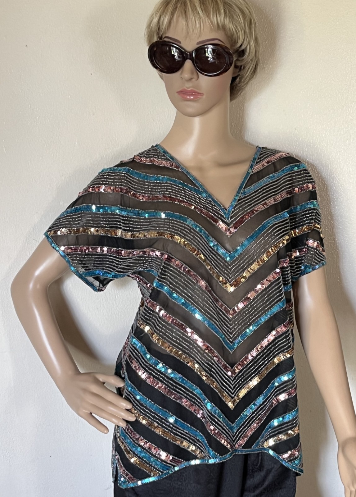 1980s Club Scene Black & Blue & Silver Sequin Silk Blouse by Argenti Size Medium