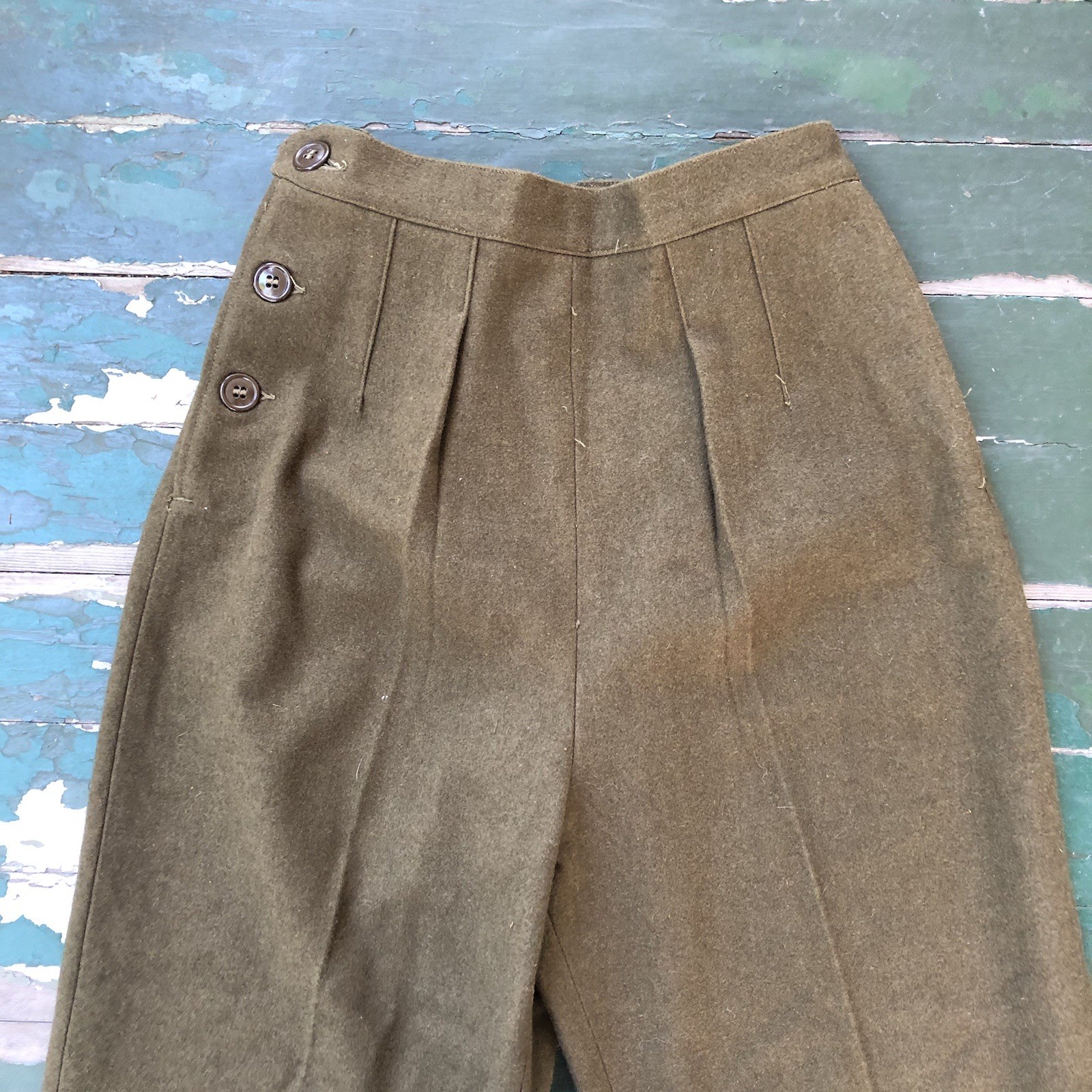 Vintage 1930s Wool Military Trouser Pants For Women In Olive Drab