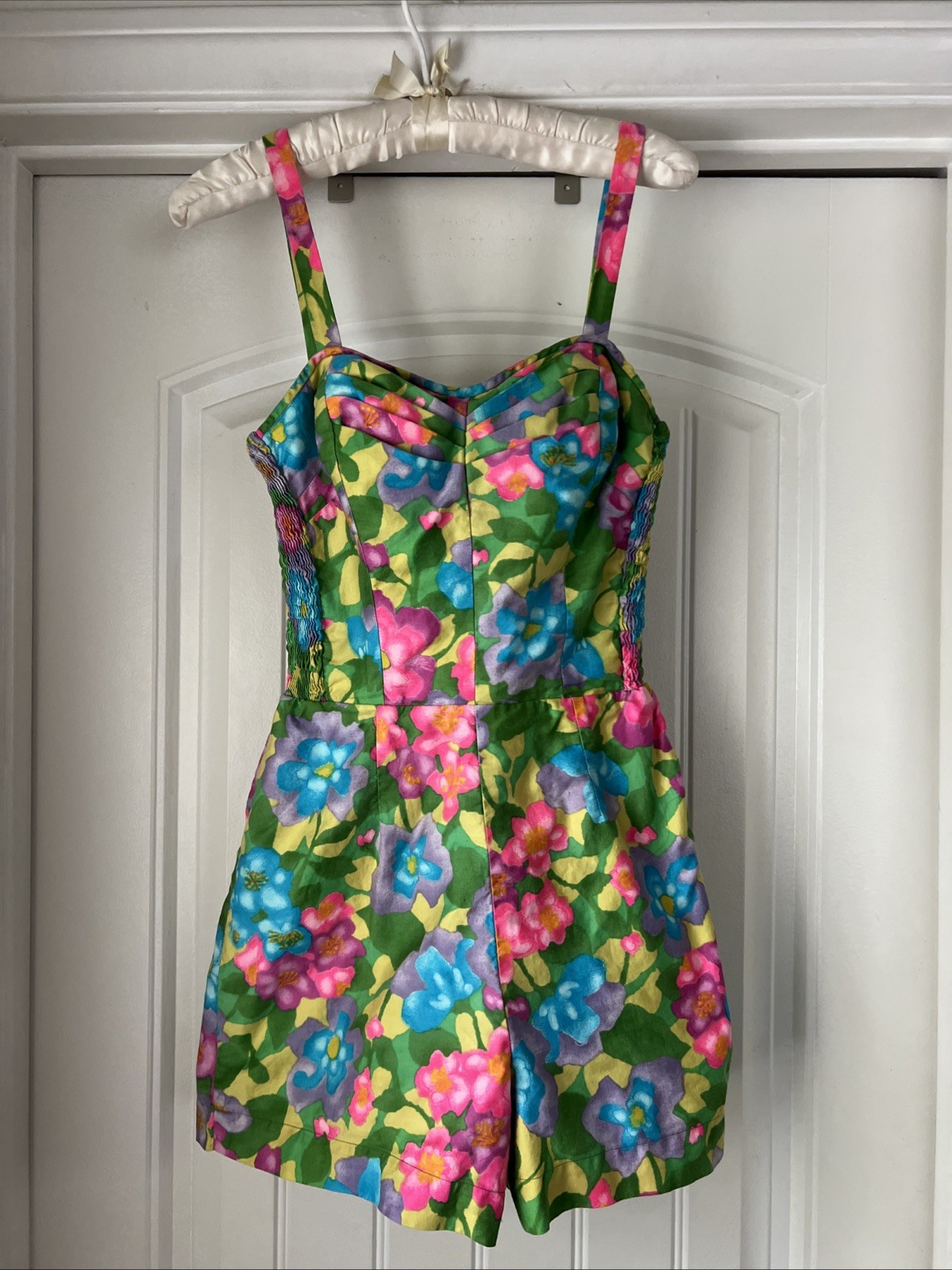 Vtg 50s Marjy Stevens Kahala Floral Cotton Hawaiian Playsuit Romper Swimsuit S