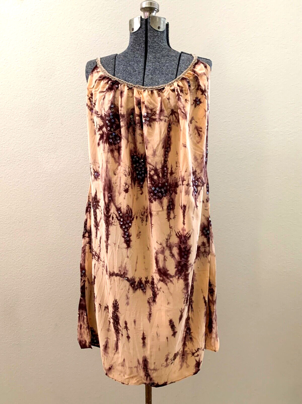 Vintage Tie-Dye Silk Sleeveless Dress with Iridescent Sequins