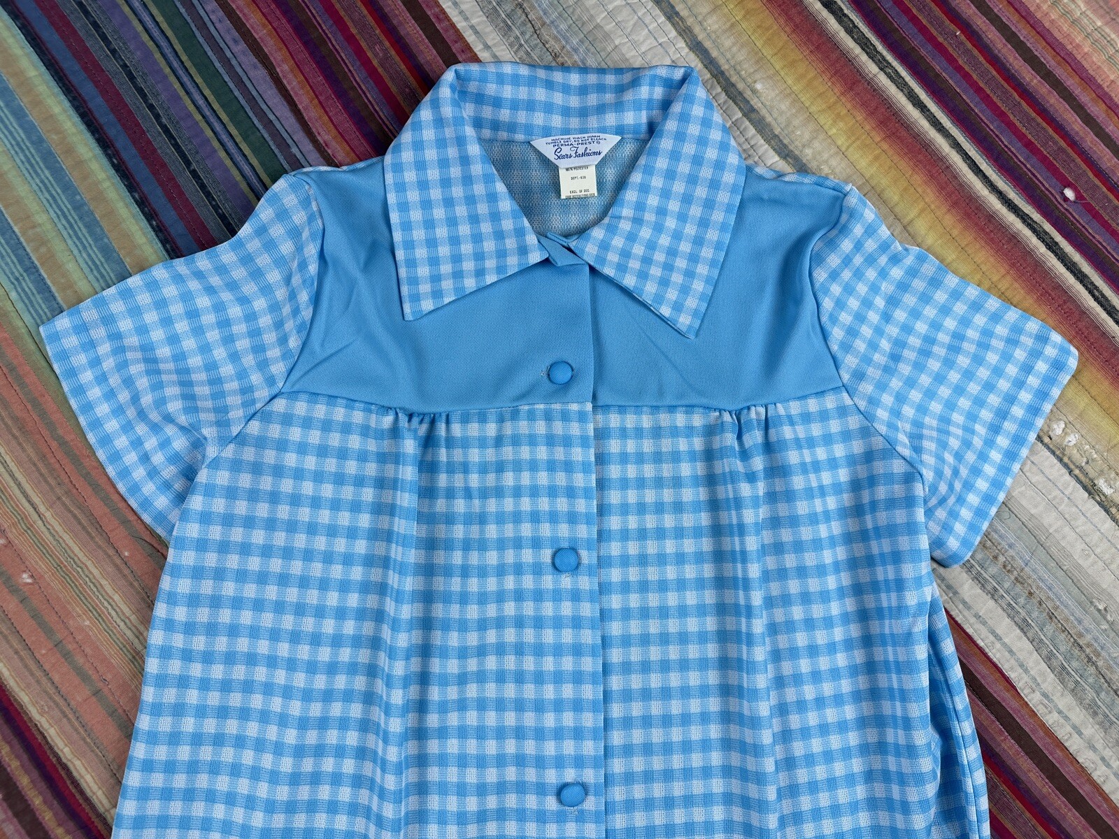 Vtg 1970’s Sears Fashions Blue Gingham Checkered Button Down House Coat Sz M