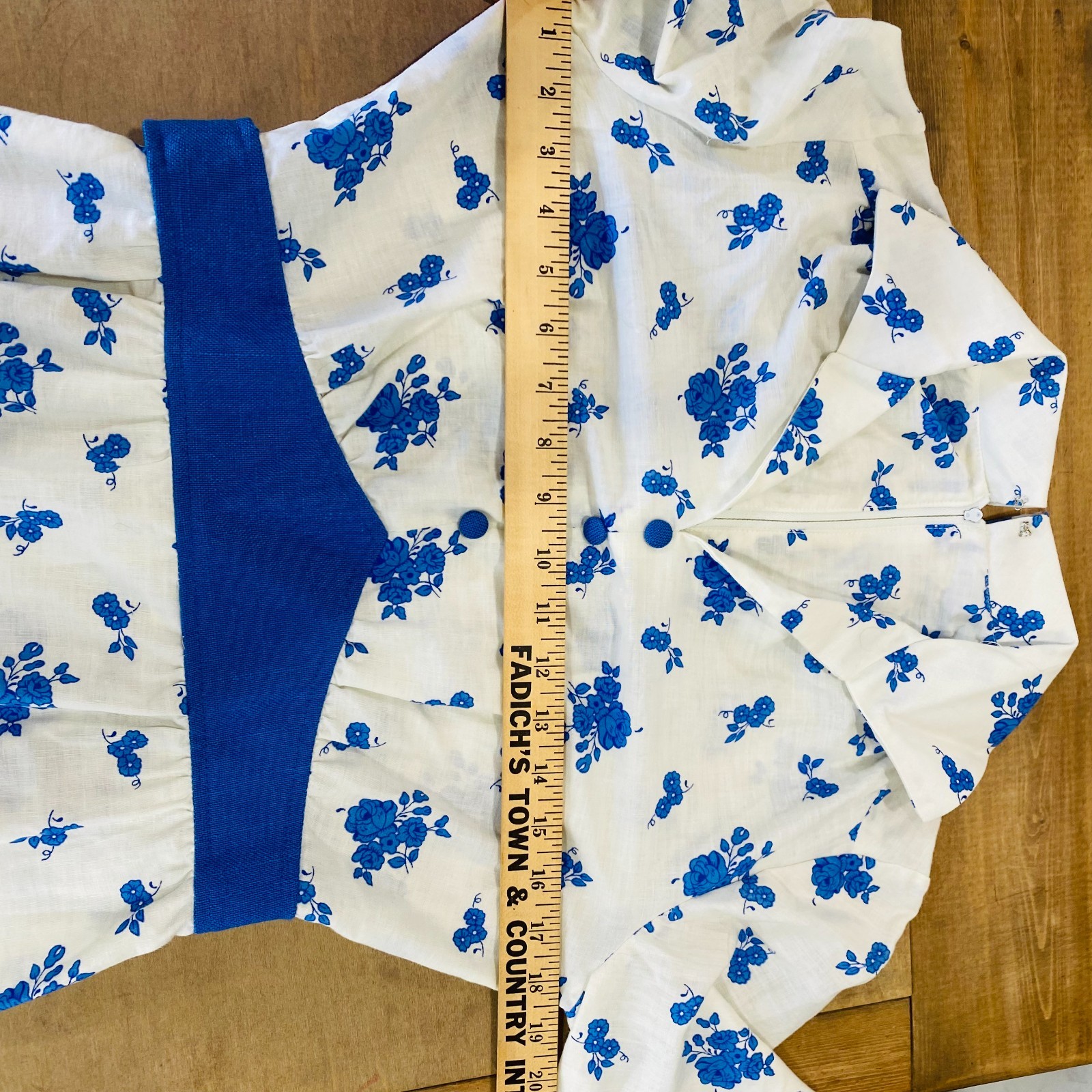 70s Vintage Handmade Blue White Floral Collared Long Sleeve California Dress M/M