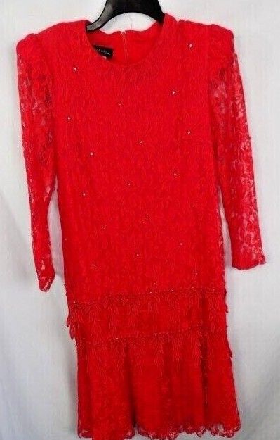 Vintage David Rose Red Lace Drop Waist Dress with Rhinestones Size 12