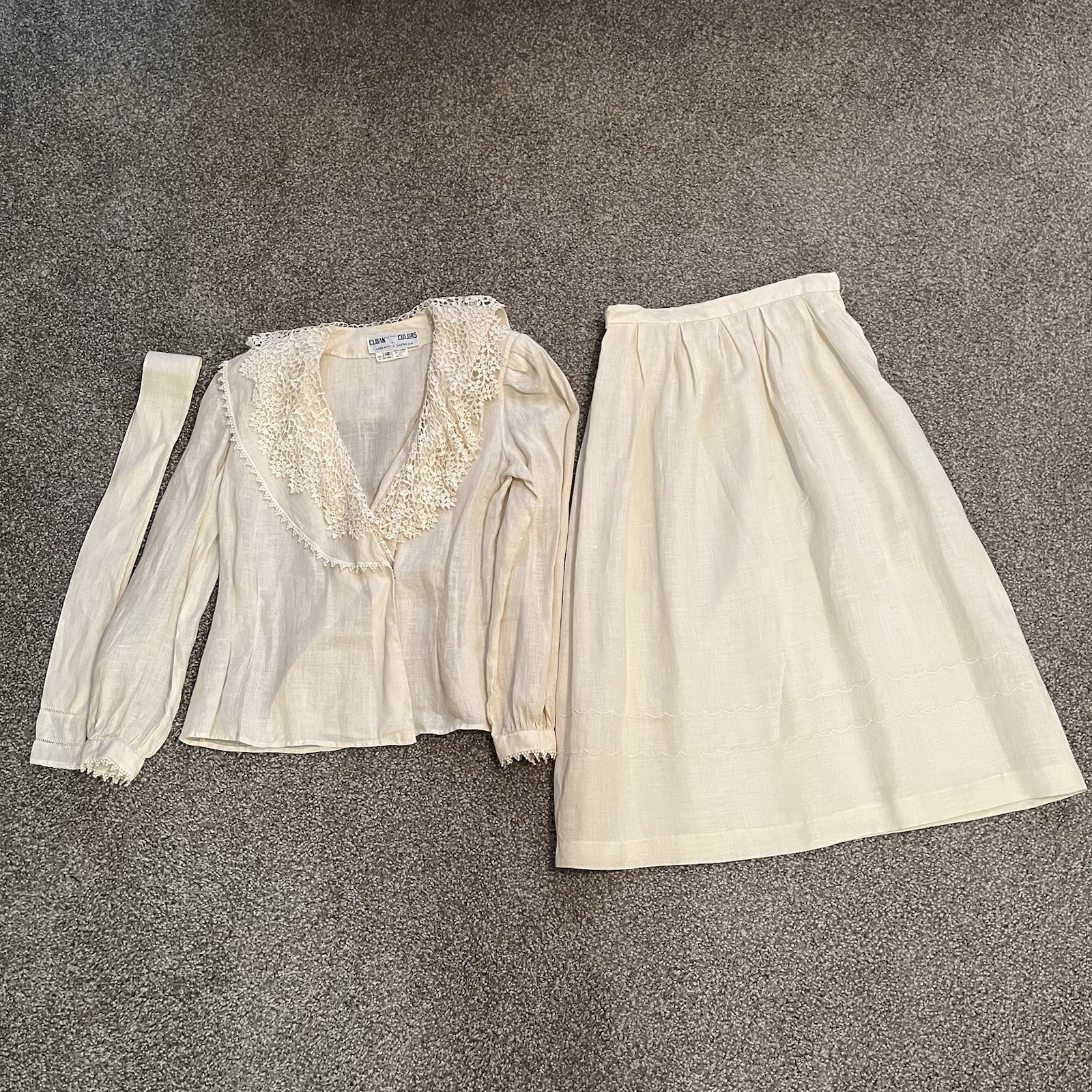 VTG Cloak of Many Colors Women’s 10 Linen Midi Skirt Set Ivory Crochet Victorian
