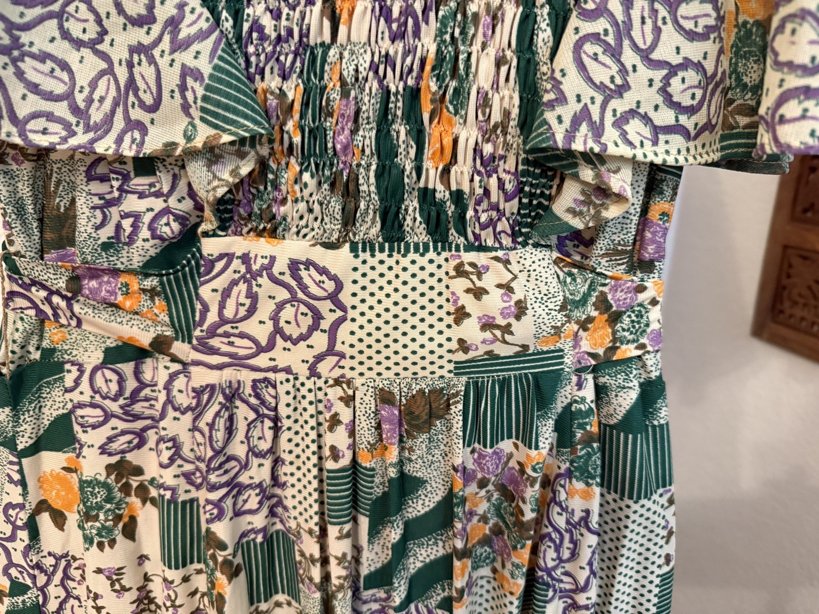 Vintage Handmade NWOT Polyester Patchwork Maxi Dress Smocked Tie Waist Small