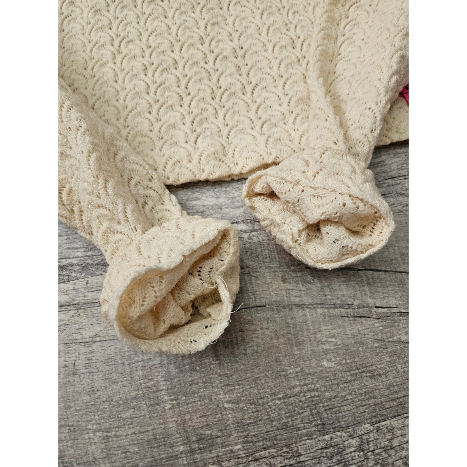 Vintage 100% Wool Cream Open Knit Long Sleeve Sweater Top Size Medium
