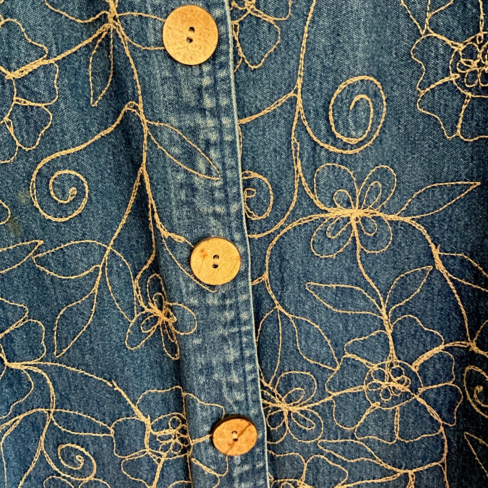 New Directions Womens Denim Blue Jacket Size M Embroidered Tan Flowers NWOT