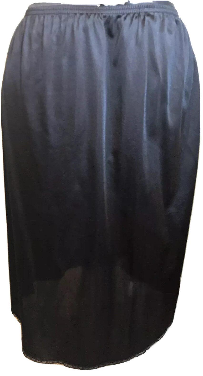 Vassarette Black 1/2 Slip L Elastic Waist USA Slit On Side Lace Trim Length 24”