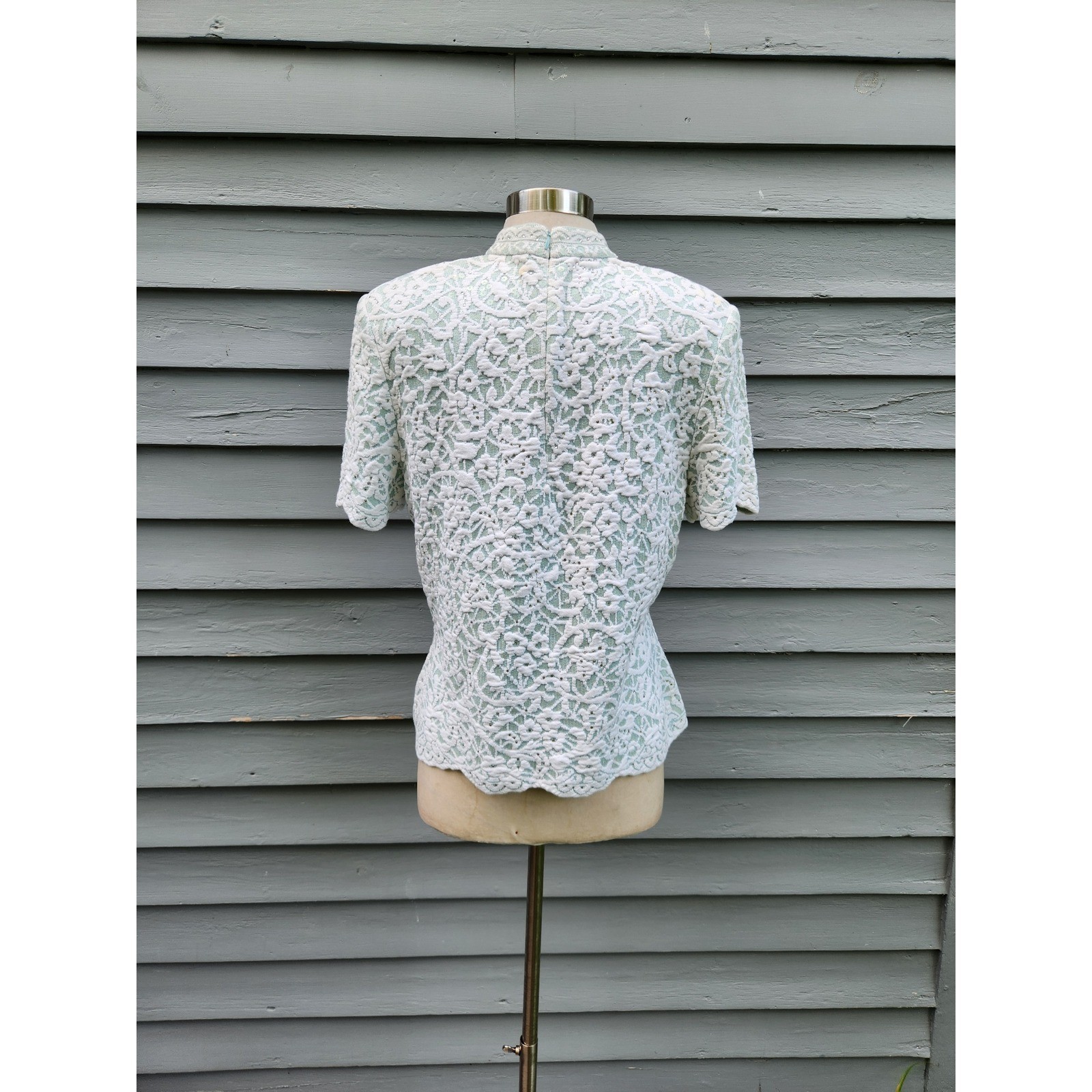 Vintage 90s St John Evening Knit Top Mint Green White Lace Sequin Rhinestone 12
