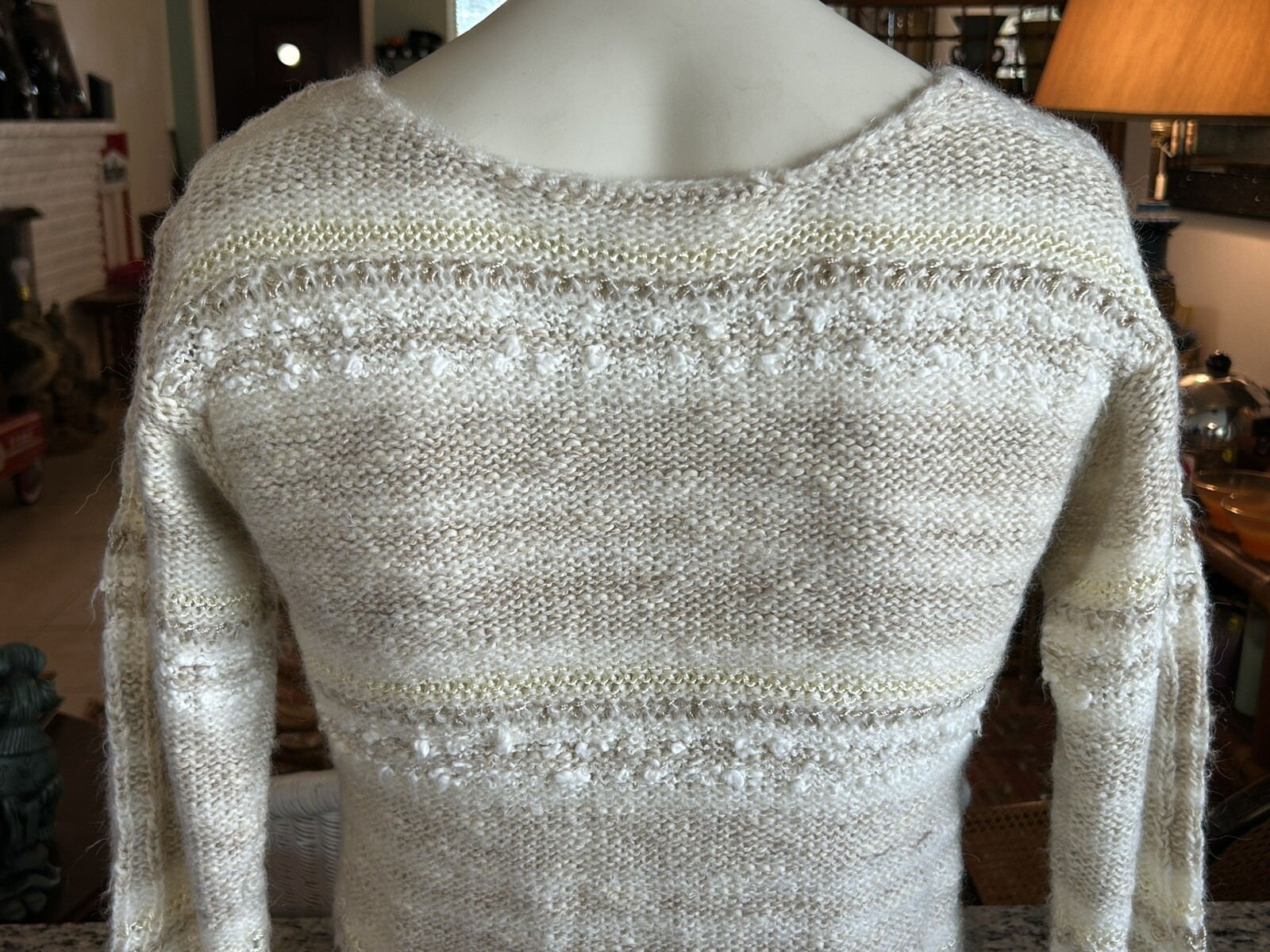 Vintage Beldoch Popper Knit Acrylic Sweater Junior L Women’s S Beige Tan White