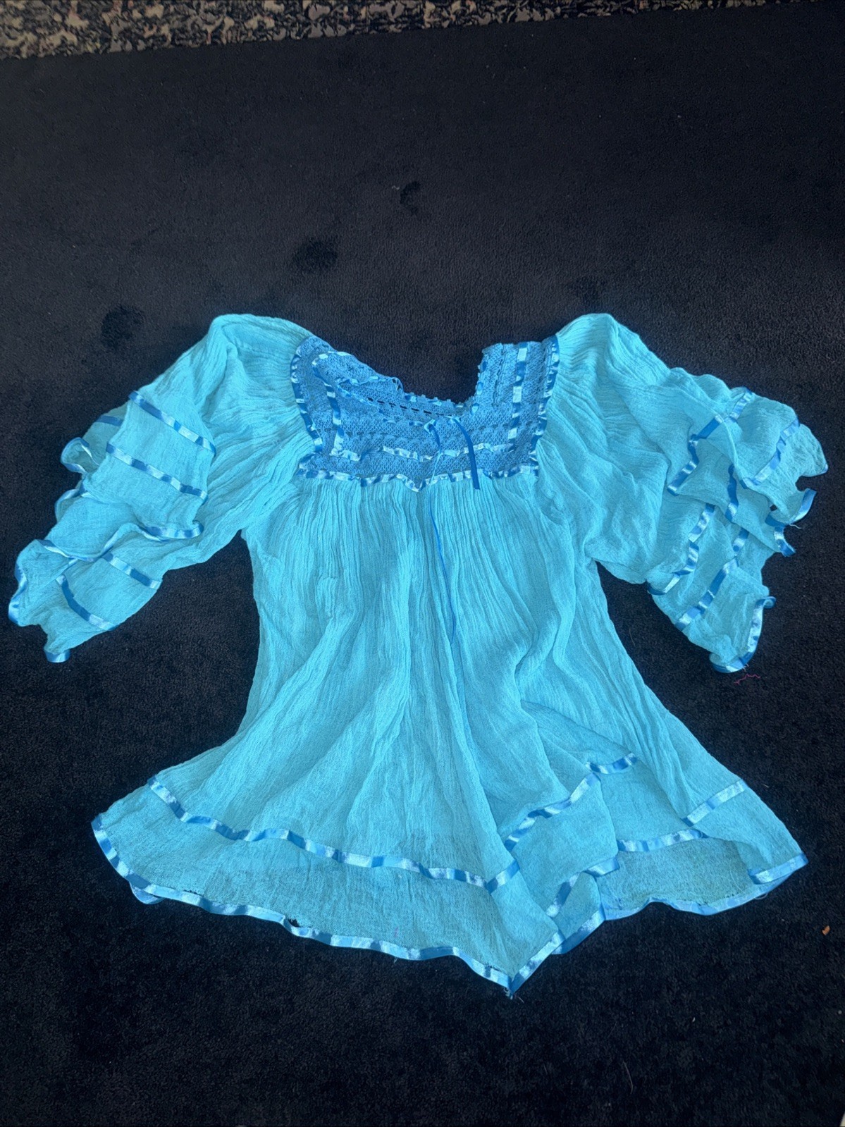 Vintage Mexican Turquoise Gauze Butterfly Arm Blouse Size medium