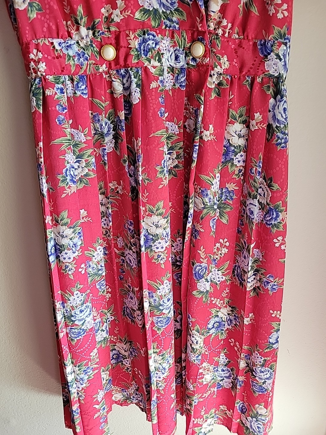 womens vintage secretary midi Collared dress S/M Red Floral Pleated Romantic USA