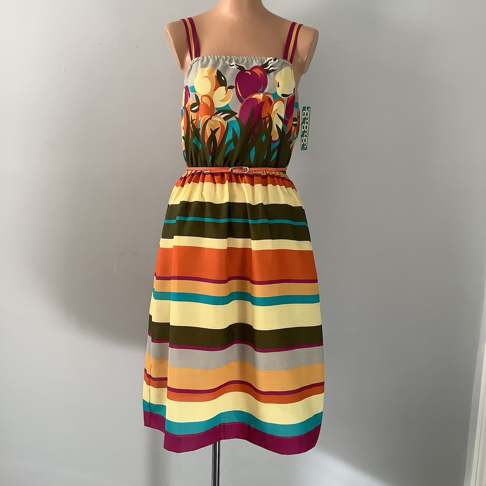 VTG 1970’s PBJ By Jerell Of Dallas Deadstock Fruit & Stripe Print Dress Orig Tag