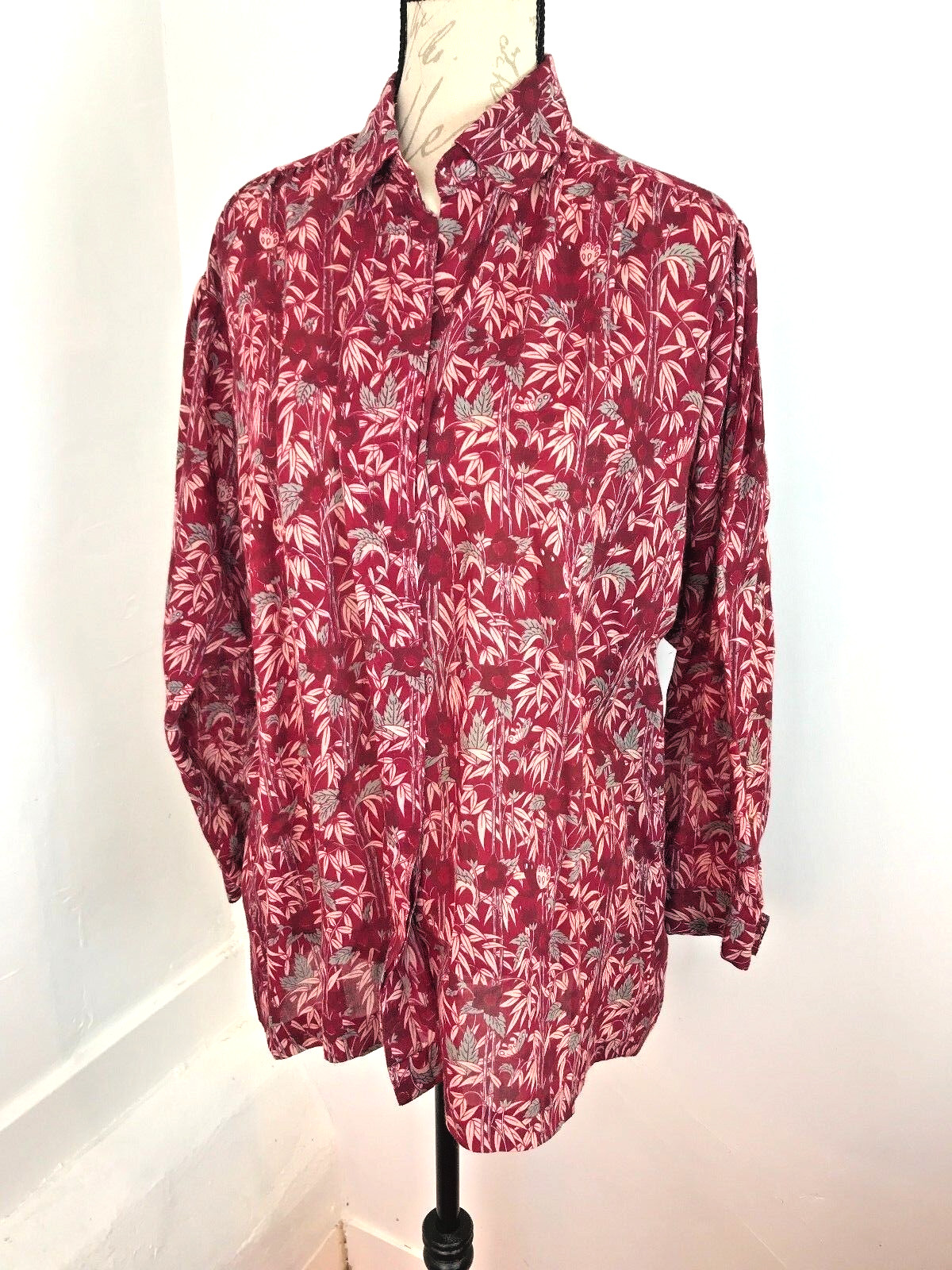 VINTAGE 1970s BURGUNDY RED BAMBOO PRINT ETHNIC COTTON BLEND BLOUSE THAI SIAM L
