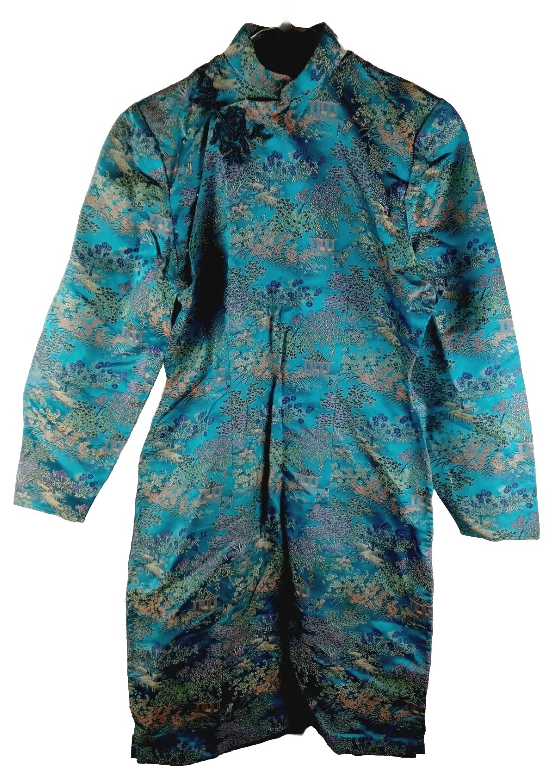 Vintage 1950s British Colony HONG KONG Blue Silk BROCADE Dress 27″ Waist Pin Up