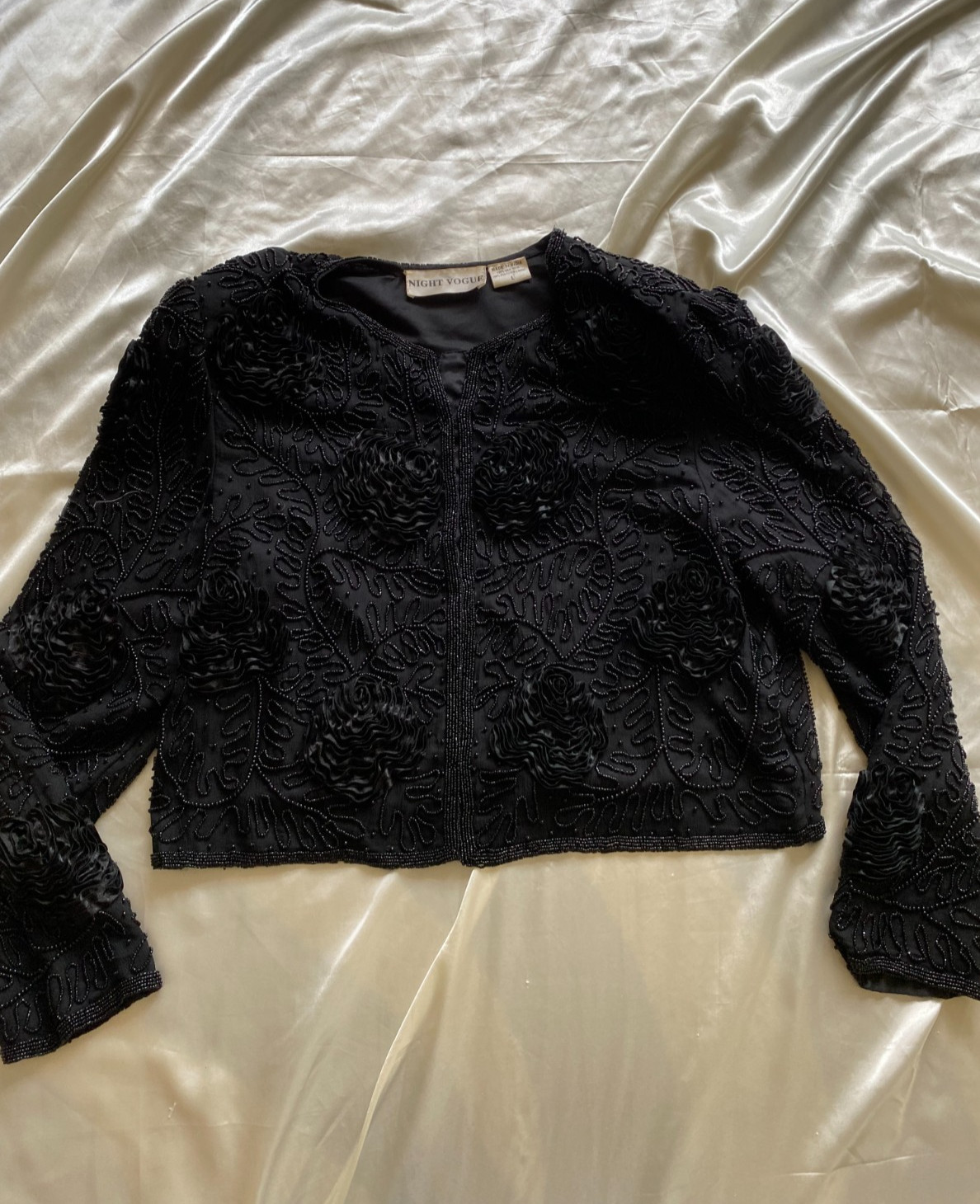 Vintage 1990s Black Beaded Rosette Cropped Jacket 100% Silk Large Glam