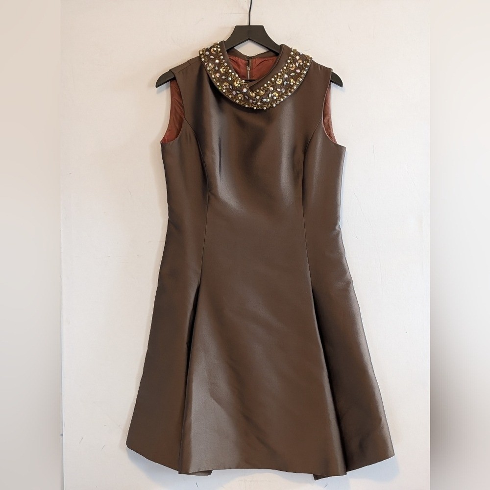 Vintage 60s Hand Beaded Collar Holiday Cocktail Rich Brown A Line Retro Classic
