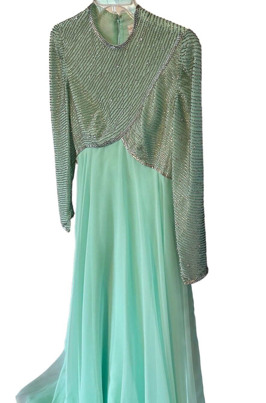 VTG 1960s Victoria Royal Ltd Gown Sz 6 Seafoam Green Beaded Rhinestones Lined