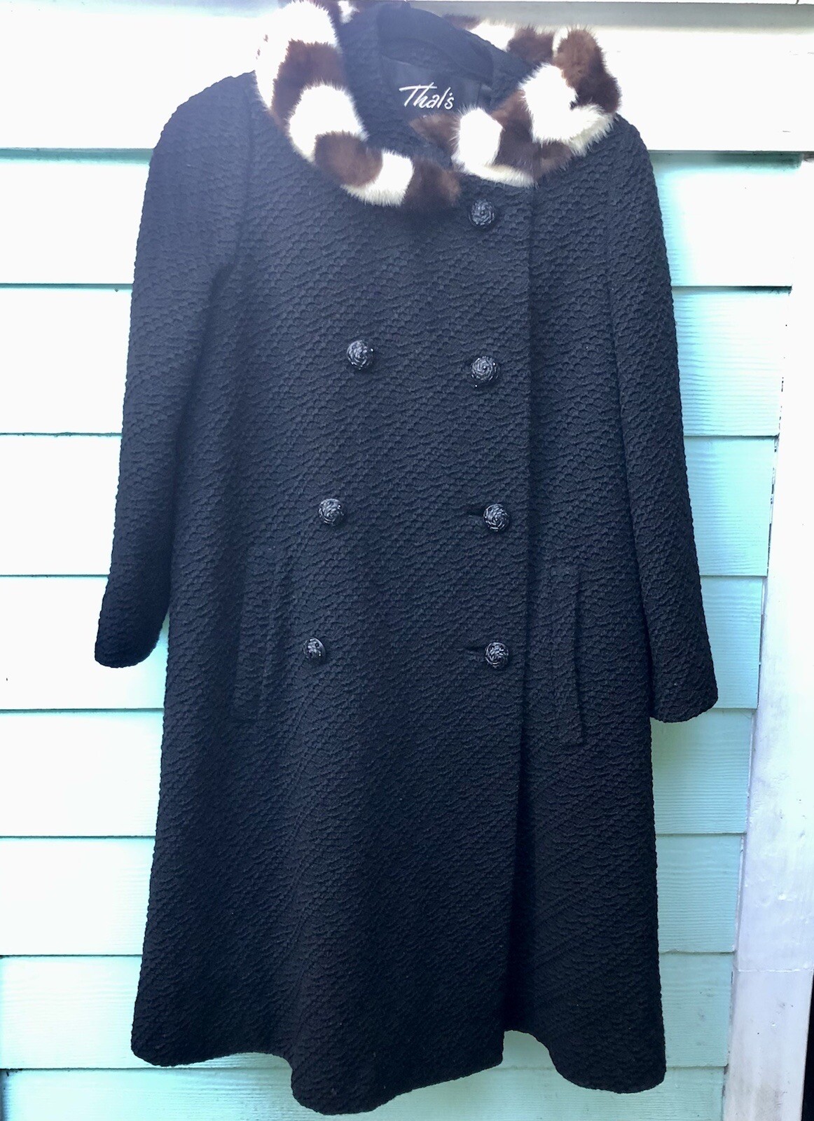 Vtg MCM Black Coat Stripe 2 Tone Fur Collar Swing Textured OOAK Glam Mid Century