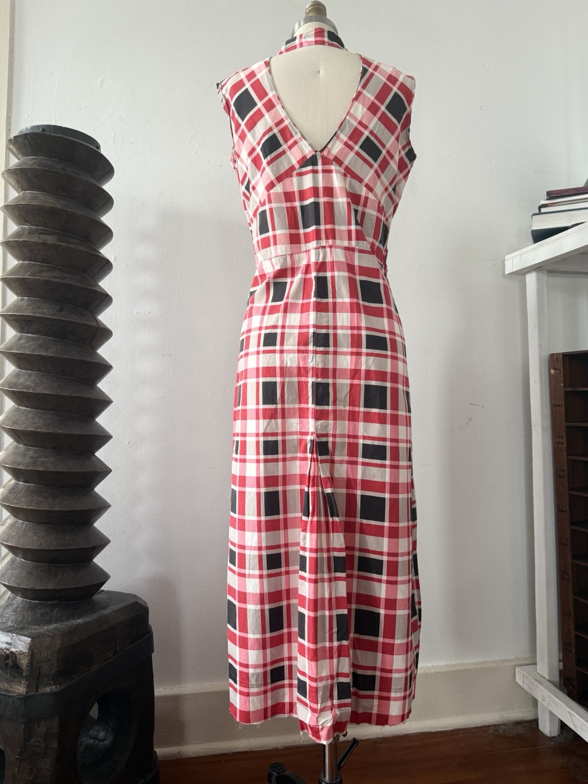 30s Glazed Cotton Plaid Pointed Collar 1/4 Zip Halter Dress Midi Sportswear S/M
