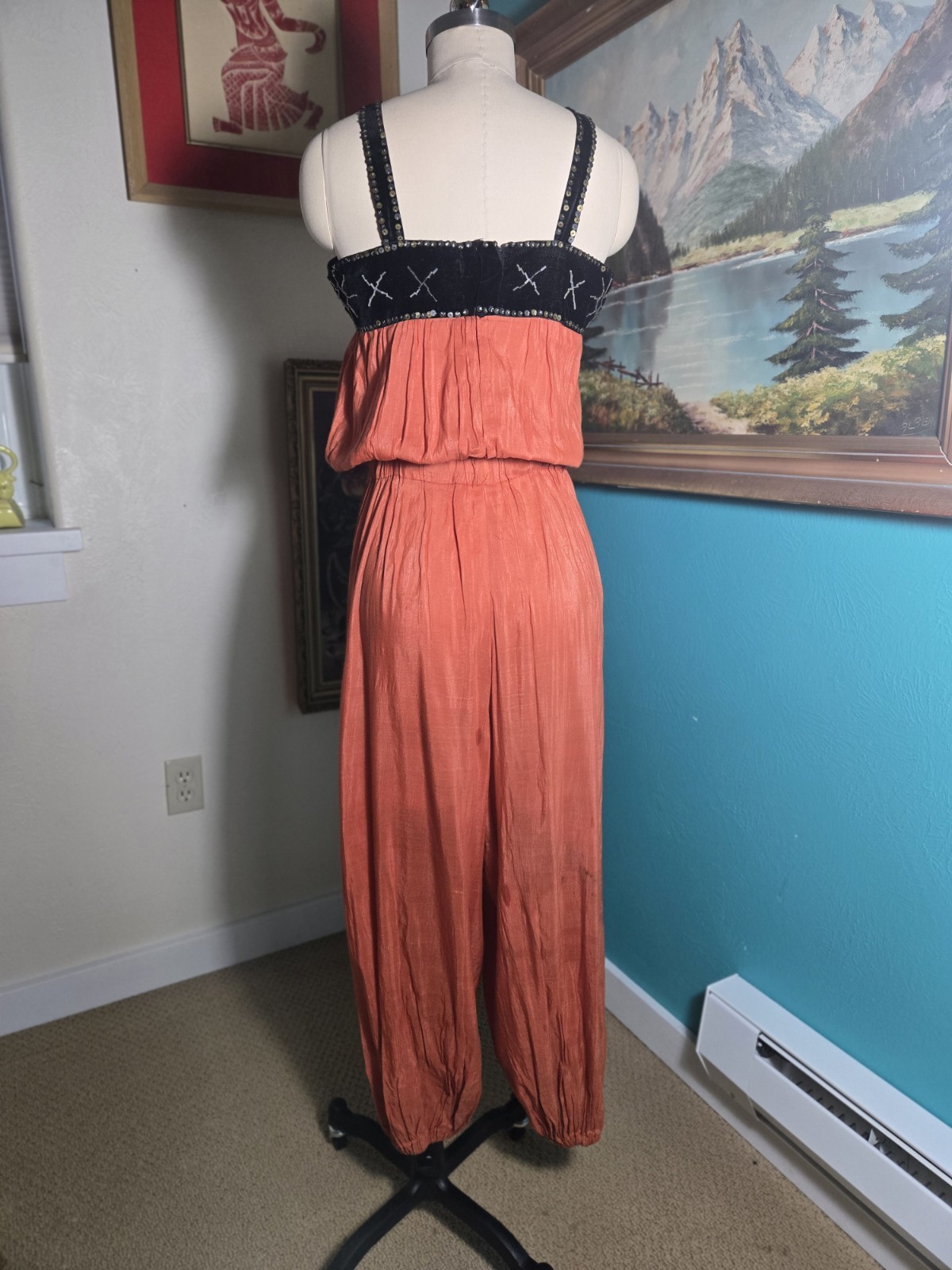 Vtg 1920s 1930s Orange Cotton/Silk Beach Pajamas Romper Velvet Sequin