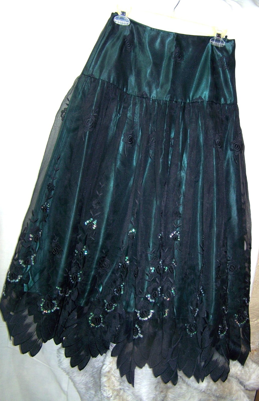 Vintage de Lanthume Skirt A-line Full Green Embroidery Party Christmas Taffeta 8