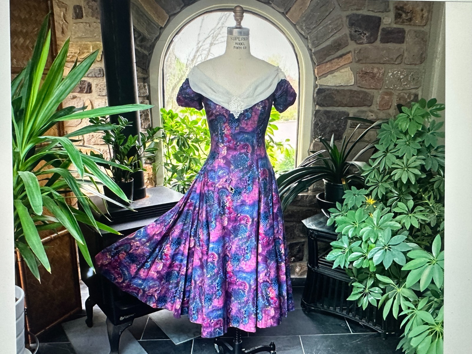 Vintage 1980s Off Shoulder Dress Deep Plum Blue Gold Print Chiffon Lace Neckline