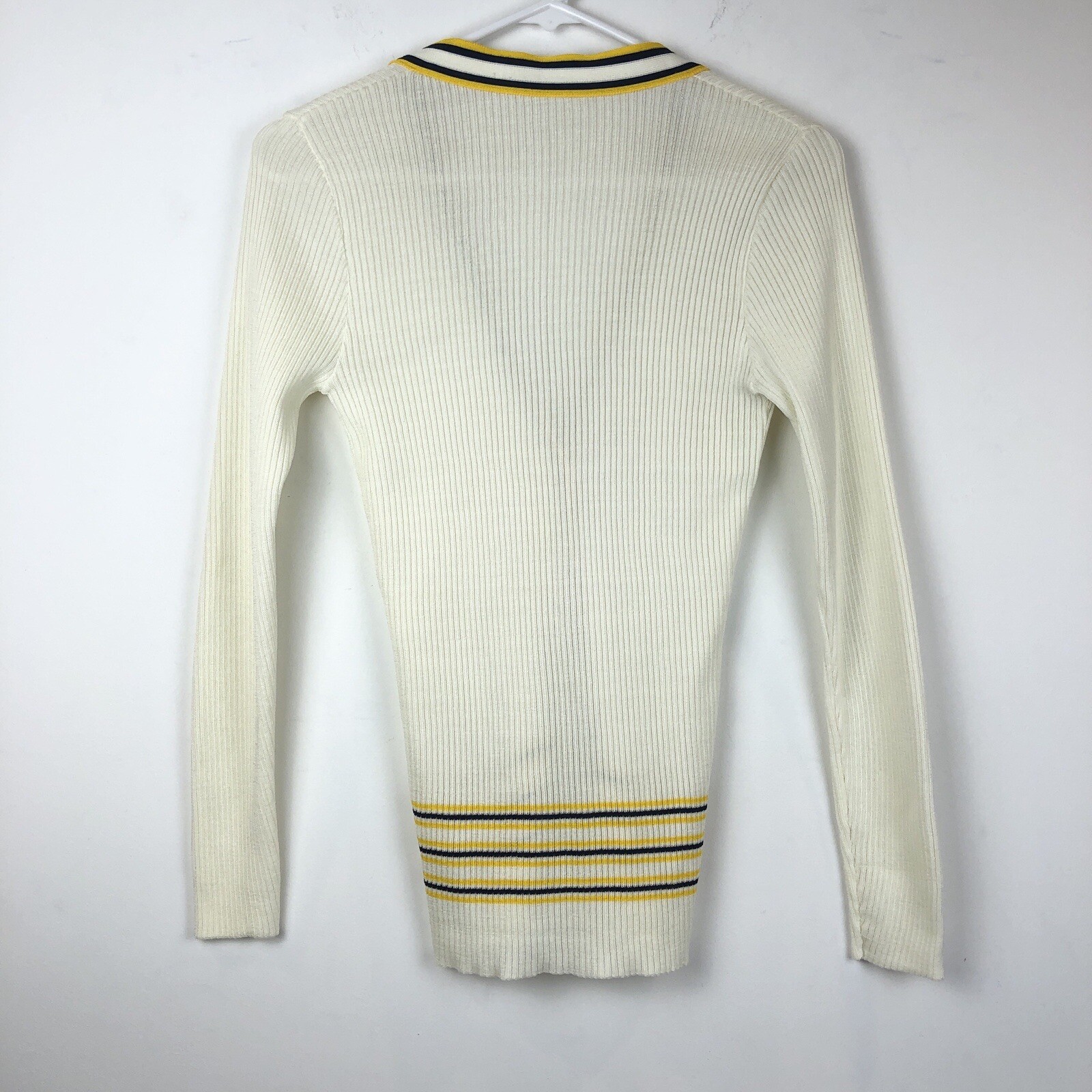 Vtg MCM Women’s Knit Cardigan Sweater Collegiate Prep Cream Navy Gold Stripes 8